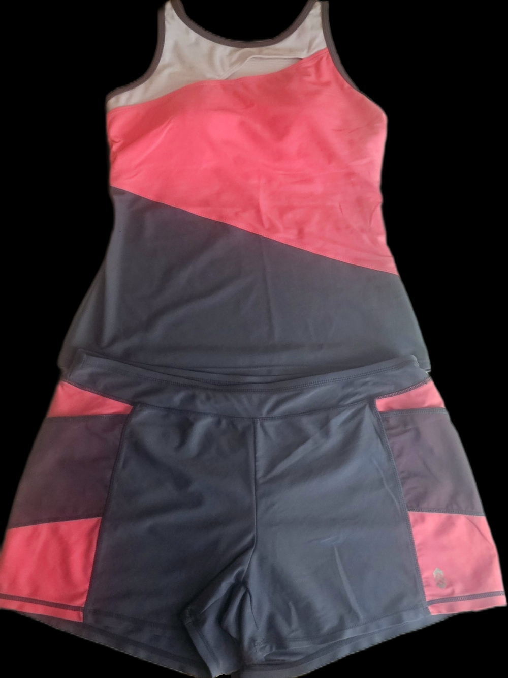 Womens FREE COUNTRY Tankini 2 Pc Set Swimsuit Gray/Coral/White